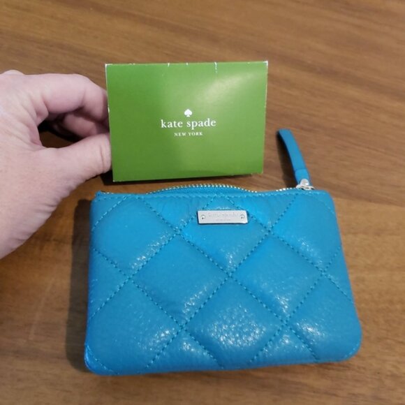 Kate Spade Aqua Gold Coast Coin Purse attached Key fob Quilted Design - Picture 5 of 6